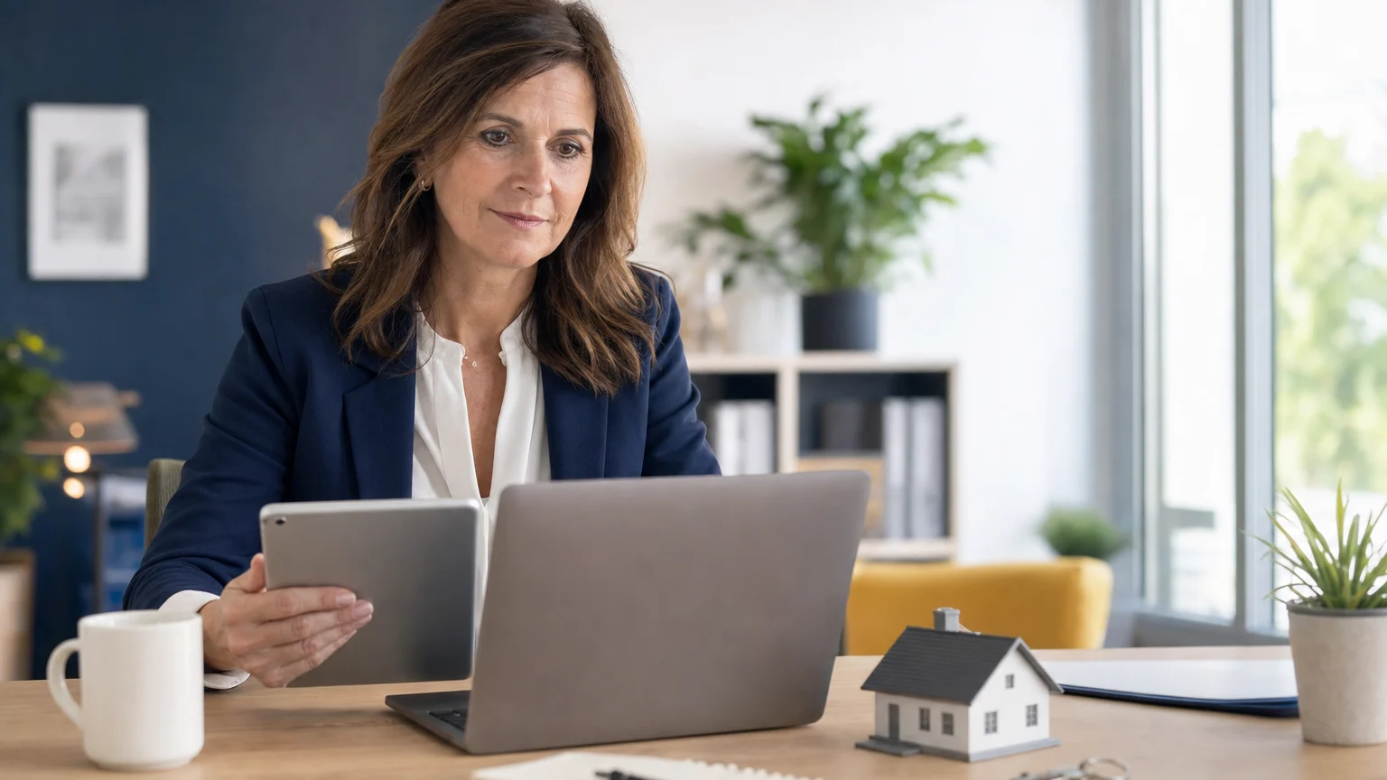 Immobilienmaklerin am Schreibtisch im hellen Büro prüft auf Laptop und Tablet eine eingehende Kundenanfrage, daneben ein kleines Hausmodell und Schlüssel